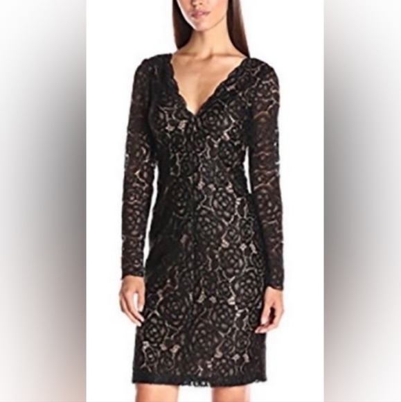 Vera Wang Dresses & Skirts - Vera Wang Black & Nude Lace Long Sleeve Double V-Neck Cocktail Dress